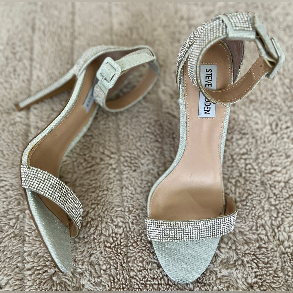 Steve Madden Heeled Sandal Silver Rhinestoned Strappy Ankle Strap Spike Heel 8 - Picture 7 of 16